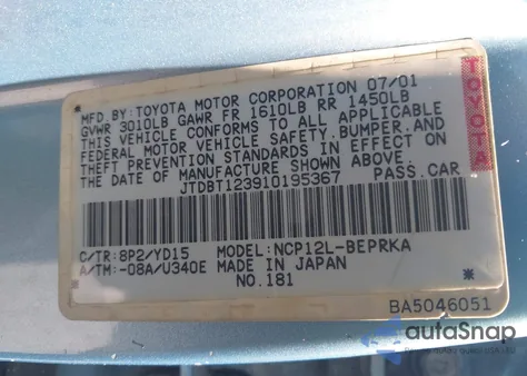 2001 Toyota Echo z USA, uszkodzony, nr VIN JTDBT123910195367